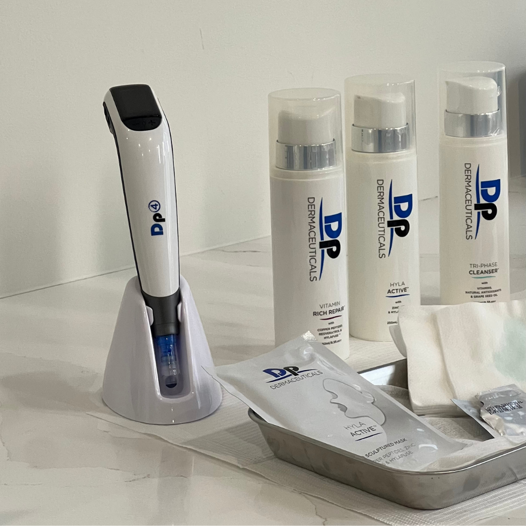dp4 microneedling device with dermaceuticals skincare products — clinical skin regeneration setup and treatment boosters